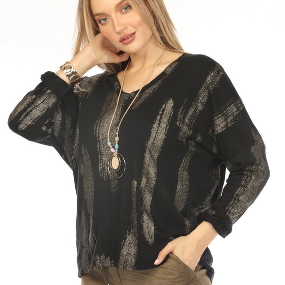 Black shiny v neck Top - Picture 6 of 10